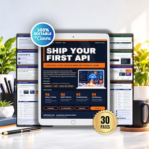 Puede incluir: Una tableta digital muestra un documento titulado Ship Your First API, una guía práctica para desarrolladores. La pantalla presenta texto en naranja y azul oscuro, un gráfico de portátil y cuatro secciones numeradas. Una insignia circular indica 100% Editable in Canva.