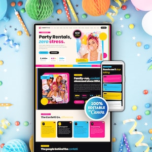 Puede incluir: Una plantilla de sitio web digital para Confetti Co. mostrada en un monitor de computadora y un teléfono inteligente, con un diseño colorido, información de alquiler para fiestas, fotos y una insignia circular 100% Editable in Canva.