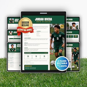 Modello di curriculum per calciatori su Canva / Pacchetto di reclutamento per calciatori / Profilo del giocatore, lettera di reclutamento, scheda statistiche / Portfolio atleta modificabile