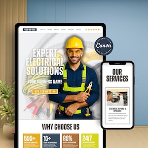 May include: A tablet and smartphone show a website for electrical services. The tablet displays "Expert Electrical Solutions" and "Our Services". The smartphone shows "Our Services" and "Electrical Repairs & Upgrades". An electrician wearing a yellow hard hat is in the background.