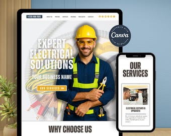 Electrician Website Template Canva, Electrical Services Landing Page Website for Electricians, Electrical Contractors, Electrical Business