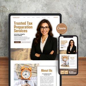 Sjabloon belastingwebsite Canva, websiteontwerp belastingvoorbereider, belastingbestemmingspagina voor belastingvoorbereidingsservices, Canva-website raadplegen voor belastingseizoen
