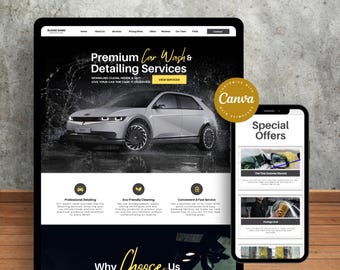 Car Wash Website Canva, Auto Detailing Service Canva Website Template for Car Cleaning, Car Maintenance, Car Washing, Car Detailer Business