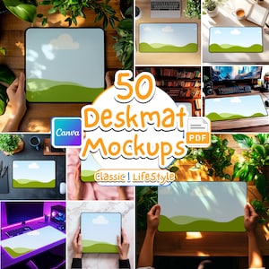Könnte beinhalten: Eine Sammlung von Schreibtischunterlagen-Mockups mit einem Landschaftsdesign mit blauem Himmel, weißer Wolke und grünen Hügeln. Das Bild enthält den Text "50 Deskmat Mockups" sowie die Canva- und PDF-Logos. Die Mockups werden in verschiedenen Umgebungen gezeigt.
