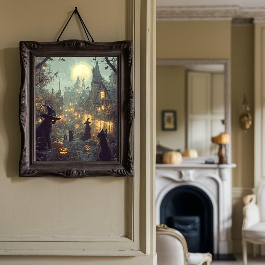 Vintage Halloween Painting Witch & Black Cat Decor, Spooky Halloween