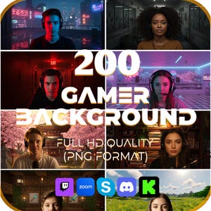May include: A collage featuring various individuals with gaming headsets, set against diverse backgrounds. The central text reads "200 GAMER BACKGROUND" with "FULL HD QUALITY (PNG FORMAT)" below. Icons for Twitch, Zoom, Skype, Discord, and Minecraft are at the bottom.