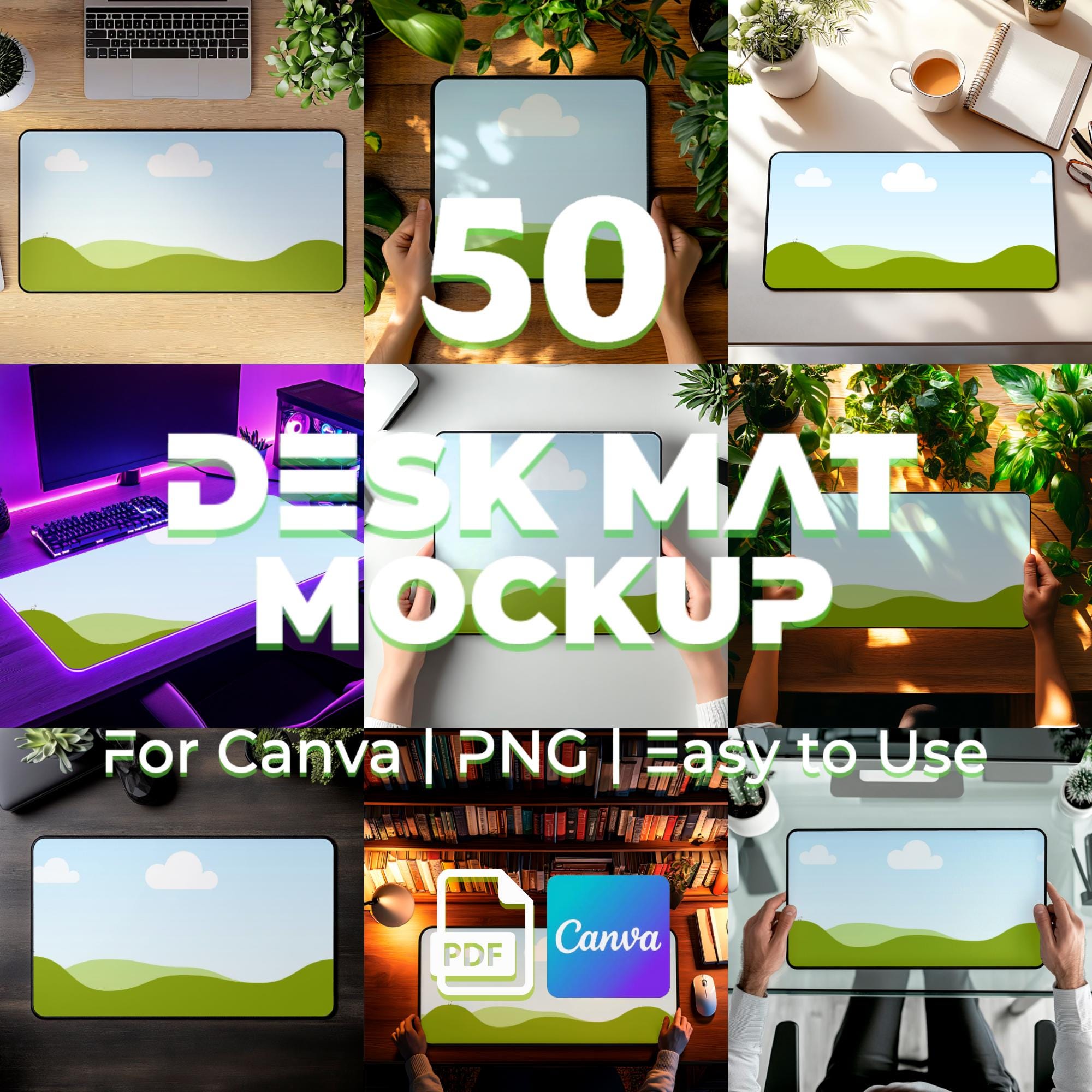 Paquete de 50 maquetas de alfombrillas de escritorio y alfombrillas de ratón – Printify + Canva PNG – Plantillas fáciles de editar, para juegos y espacios de trabajo profesionales, con función de arrastrar y soltar