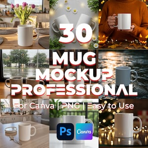 May include: A collection of images displaying white mugs in diverse settings. The central image features the text "30 MUG MOCKUP PROFESSIONAL", with additional text indicating compatibility with Canva and PNG formats. The mugs are shown in different environments, suggesting a product mockup.
