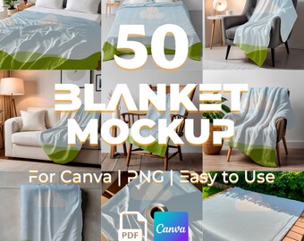 50 Blanket Mockup Templates: Canva Drag & Drop PNG (Digital Download)