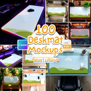 May include: A collage of deskmat mockups showcasing a landscape design, with a white surface, green hills, and a blue sky. The image includes the text "100 Deskmat Mockups" and "Classic | Lifestyle".