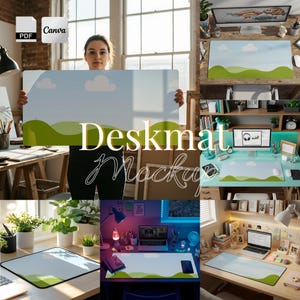 以下が含まれることがあります： 明るい青い空、白い雲、緑の丘のデザインが特徴のデスクマットモックアップ。 「Deskmat Mockup」の文字は筆記体で書かれています。 画像は、さまざまな設定のデスクマットを示しています。