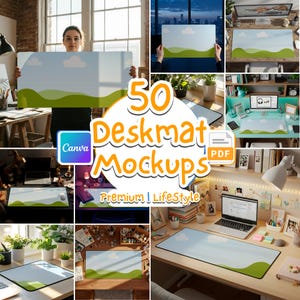May include: A deskmat mockup with a landscape design featuring a blue sky, white clouds, and green hills. The image includes the text "50 Deskmat Mockups" and "Premium | Lifestyle". The Canva logo is also visible.