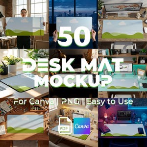 以下が含まれることがあります： 緑の丘と雲のある青い空の風景デザインが特徴のデスクマットモックアップのコレクション。画像には「50 DESK MAT MOCKUP」と「For Canva | PNG | Easy to Use」というテキストが含まれています。CanvaとPDFのロゴも表示されています。