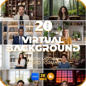 Puede incluir: Un collage de fondos virtuales con personas delante. El texto "+20 VIRTUAL BACKGROUND" se muestra en letras doradas grandes. Los fondos incluyen una biblioteca, un bosque y una puesta de sol.