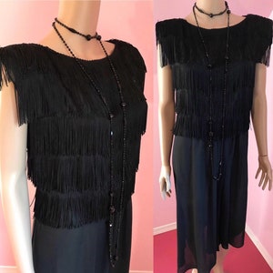 Vintage 1970s Dress.70s Sheer Dress,70s Party Dress.70s Disco Dress Black Fringe Dress.Black 70s Dress..Small