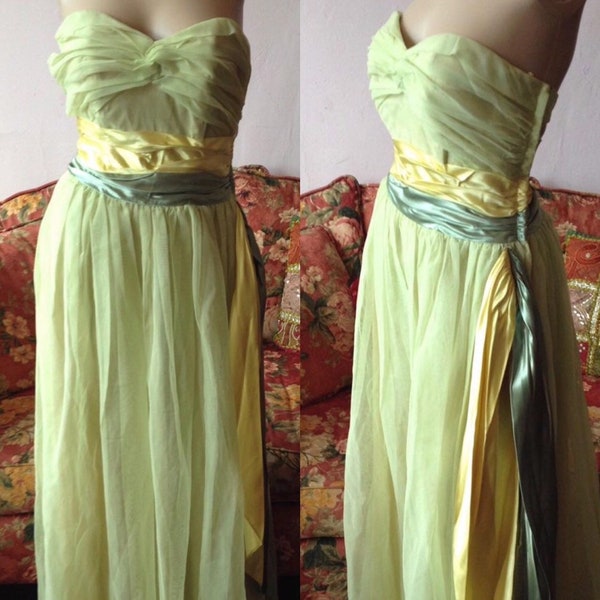 Vintage 1950s Dress. Vintage 50s Dress.50s Party Dress 50s Gown. Yellow & Green Organza Dress.Satin Dress.Strapless Dress.Strapless Gown.