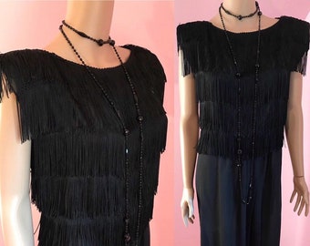 Vintage 1970s Dress.70s Sheer Dress,70s Party Dress.70s Disco Dress Black Fringe Dress.Black 70s Dress..Small
