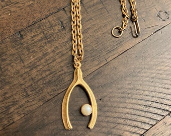 Vintage 70er Jahre Wishbone Anhänger Halskette mit Perle.