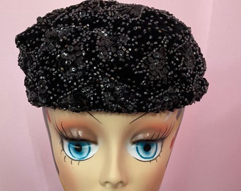 Vintage 60s Black Beaded Velvet Pillbox Hat by Bests Apparel Portland. Fancy Black 60s Hat