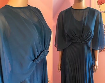 Vintage 70s Dress. Boho Maxi Dress. 70s Maxi Dress.Long Blue Dress.Chiffon Overlay.Pleated Dress.Chiffon Dress.Blue Maxi Dress.Size Medium