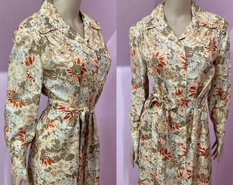 Vintage 70s Designer Vera Maxwell Shirt Dress. Brown Floral Shirt Dress by Vera Maxwell. M/L