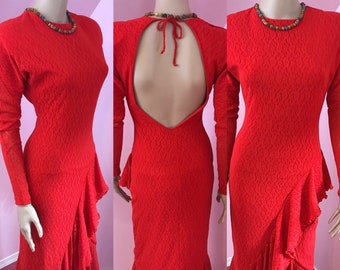 Vintage 90s Florencia Fiume Dress. Red Bodycon Dress.Red Lace Dress.Sexy Red Dress. Small