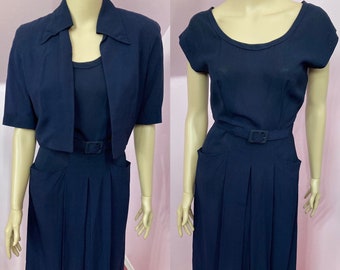Vintage 40s Navy Blue Rayon Dress & Jacket Set