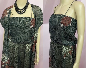 Vintage 70s Dress & Jacket Set. Black Floral Sleeveless Dress with Short Sleeve Jacket. XS/Small