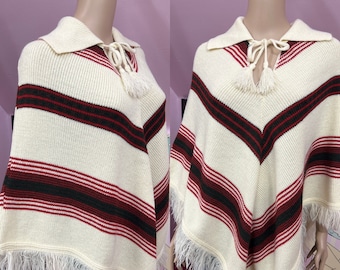 Vintage 70s Acrylic Knit Poncho with Fringe. Ivory and Red Chevron Striped Poncho OS