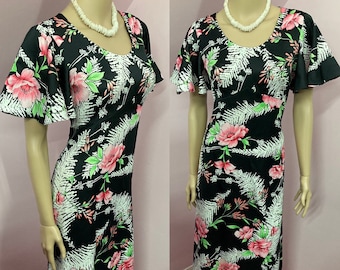 Vintage 70s Poppy Dress. Black Floral Maxi Dress. 70s Black Hawaiian Dress. Medium
