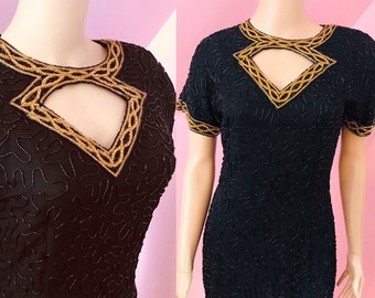Vintage 80s Beaded Dress.Black Beaded Dress.Black & Gold Beaded Dress.Short Beaded Dress.Stenay Beaded Dress .