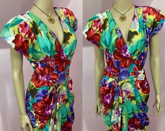 Vintage 80s Bold Floral Dress by BB Collections. Wrap Front Dress.Tulip Skirt Dress.S/M