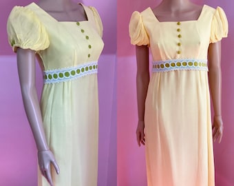 Vintage 60er Jahre Langes Gelbes Kleid.Regency Stil Kleid.Langes Säulenkleid.Bridgerton Kleid. S