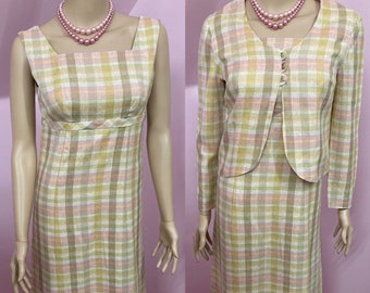 Vintage 60s Pink and Green Plaid Dress & Jacket Set. 60s Long Sleeveless Dress with Matching Jacket. Small