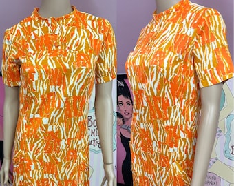 Vintage 60s Orange and White Short Sleeve Nylon Dress. Mod 60s Dress. Small
