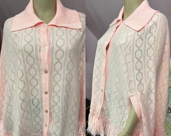 Vintage 70s Pink Knit Button Front Poncho with Fringe OS