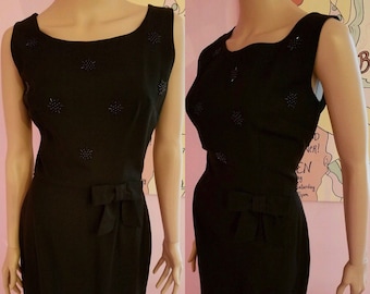 Vintage Beaded 1950s Black Wiggle Dress, Sleeveless LBD (S/M)