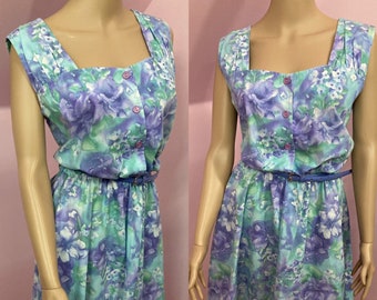 Vintage 80s Sundress.80s Sleeveless Dress. Blue Floral Dress. Watercolor Floral Dress. Large