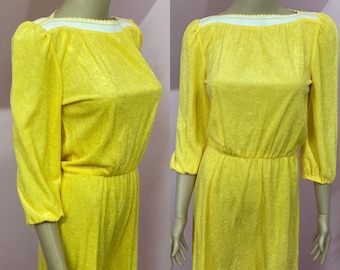 Vintage 70s Yellow Terry Cloth Dress with White Trim. Small to Medium
