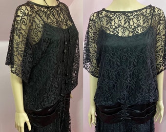 Vintage 80s does 20s Style Flapper Dress. Black Lace Dress with Drop Waist & Satin Hip Swag by Sibelle of California S/M