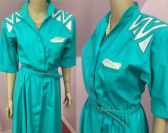 Vintage 80s Shirtwaist Dress. Two Tone Shirt Dress. Turquoise Blue & White Dress. Willi of California Dress. M/L