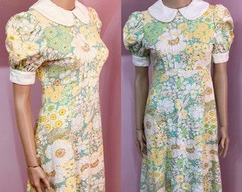 Adorable Vintage 70s Cotton Floral Maxi Dress. Long Yellow & Green Mod Floral Maxi Dress. Small