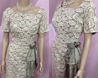 Vintage 50s Ivory Lace & Satin Dress. 50s Fancy Day Dress by Patt William NY. 34” Waist L/XL