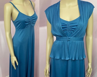 Vintage 70s Blue Sleeveless Maxi Dress with Matching Jacket by JT Jody of California. Small