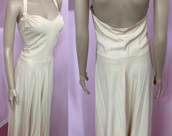 Vintage 40s Halter Dress.40s Rayon Halter Gown.Long 40s Dress. Long Beige Halter Dress