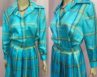 Vintage 70s Turquoise Blue Plaid Shirtwaist Dress with Pleated Skirt by Ivan Fredrics. M/L