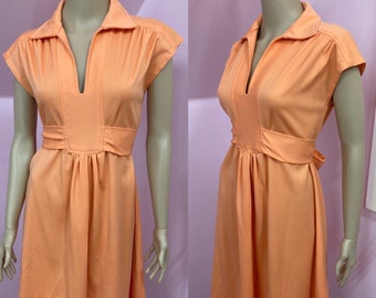 Vintage 70s Peach Polyester Dress.Peach Secretary Dress. S/M