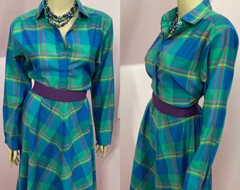 Vintage 70s Shirt Dress.70s Shirtwaist Dress.Blue Plaid Shirt Dress. 70s does 50s Shirtwaist Dress. L/XL