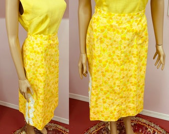 Vintage 60s Bright Yellow Floral Pencil Skirt