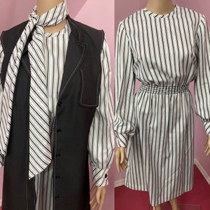 Vintage 70s Black & White Striped Dress with Matching Long Black Vest and Scarf by Julie Miller. Small